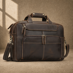 Brown leather multi-pocket briefcase, three-quarter front view