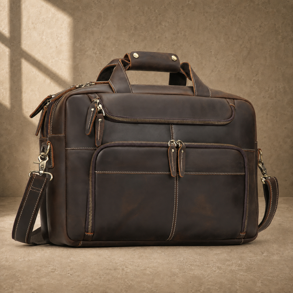 Brown leather multi-pocket briefcase, three-quarter front view