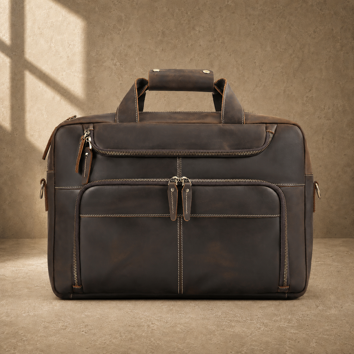 Brown leather multi-pocket briefcase, straight front view