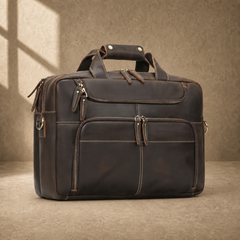 Brown leather multi-pocket briefcase, left three-quarter view