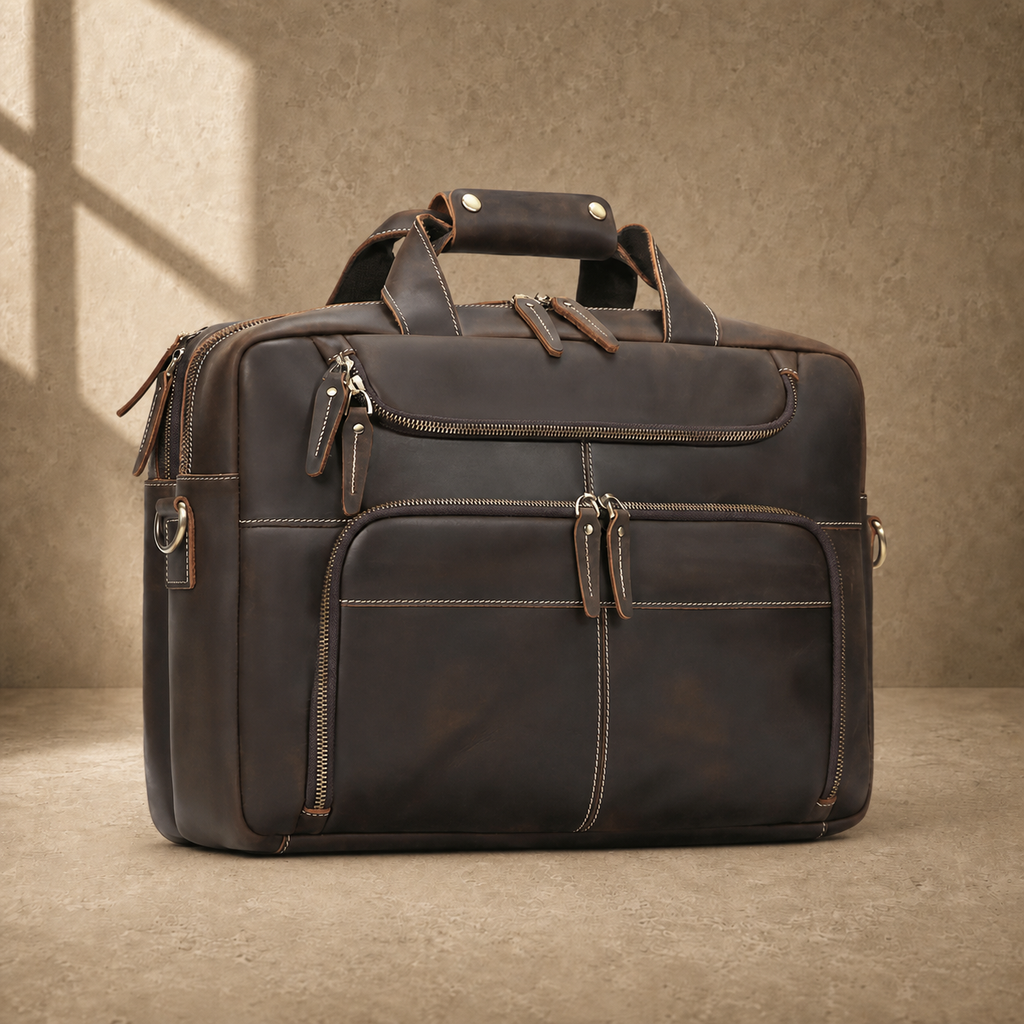 Brown leather multi-pocket briefcase, left three-quarter view