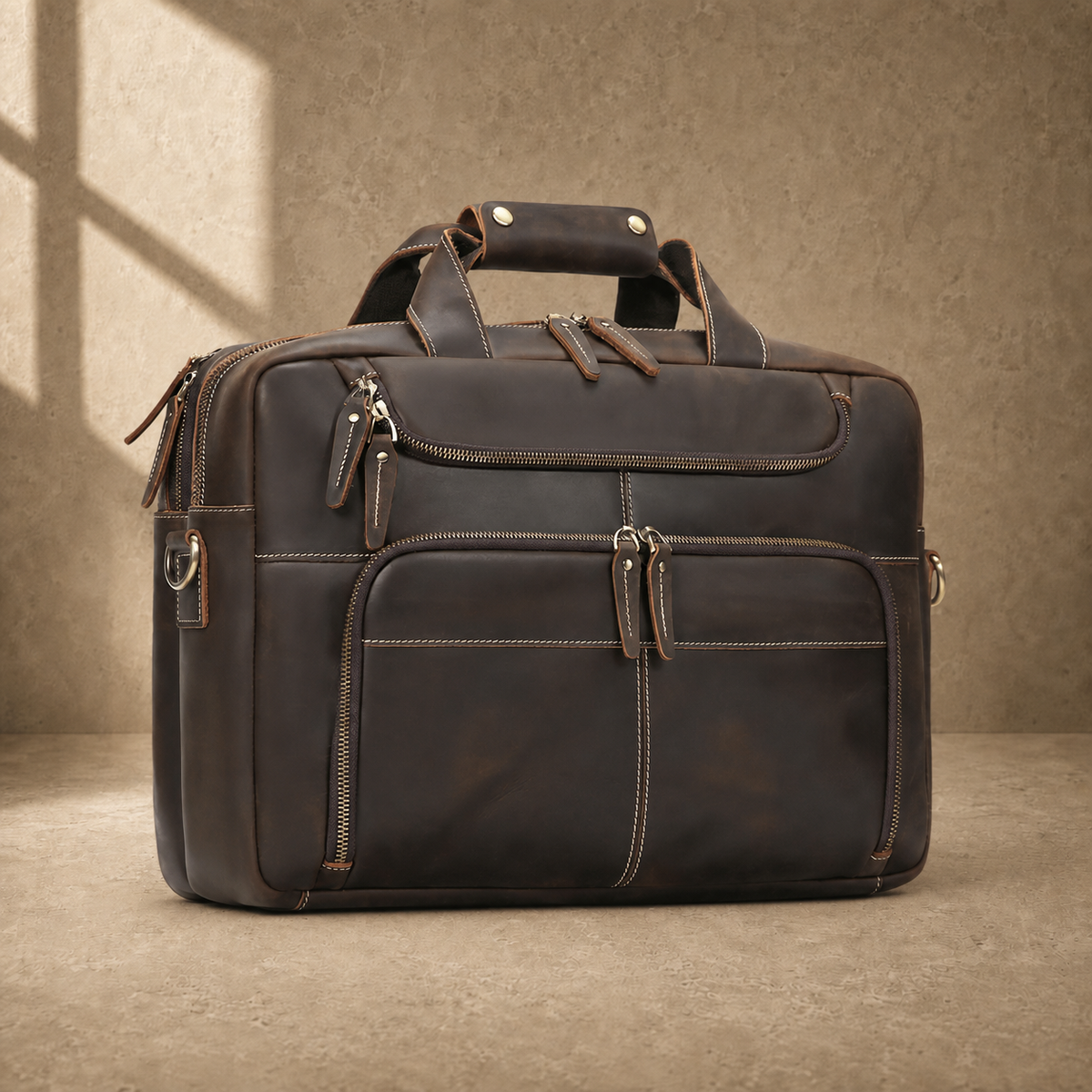 Brown leather multi-pocket briefcase, left three-quarter view
