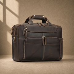 Brown leather multi-pocket briefcase, right three-quarter view