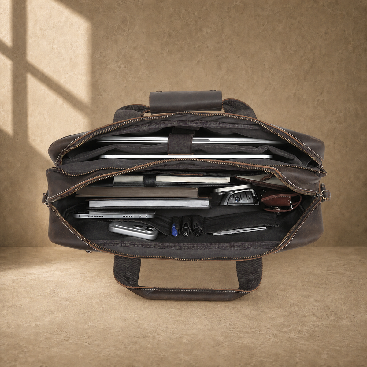 Brown leather multi-pocket briefcase, packed laptop compartment