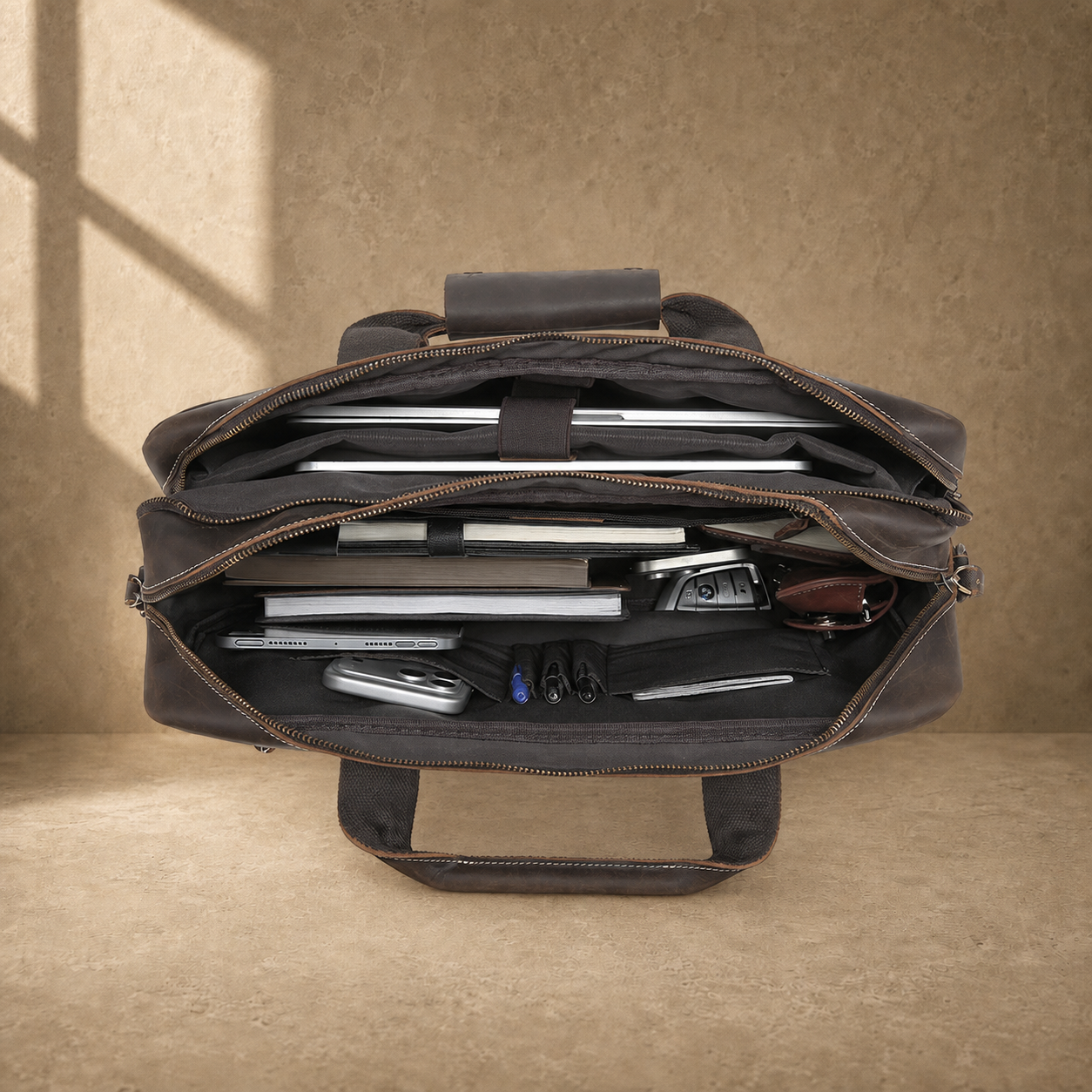 Brown leather multi-pocket briefcase, packed laptop compartment