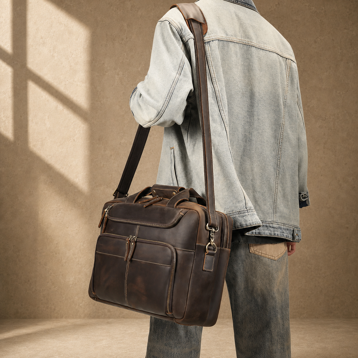 Brown leather multi-pocket briefcase, shoulder carry lifestyle view