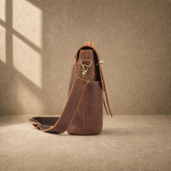 Coffee brown business messenger case side profile with shoulder strap