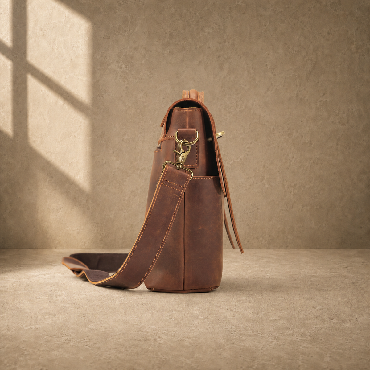 Coffee brown business messenger case side profile with shoulder strap