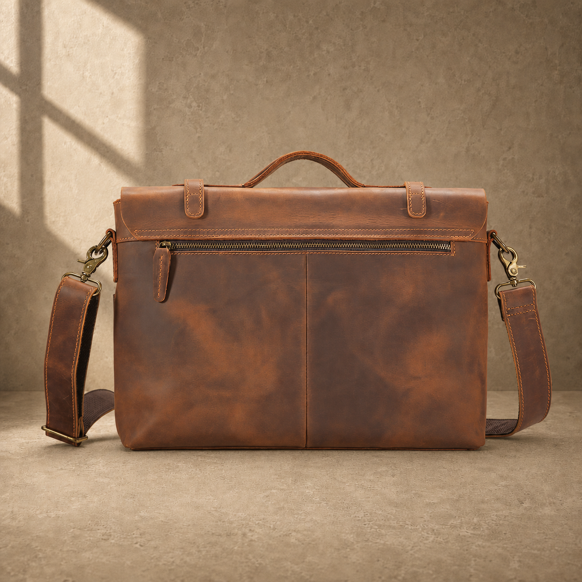 Coffee brown business messenger case rear zipper pocket view