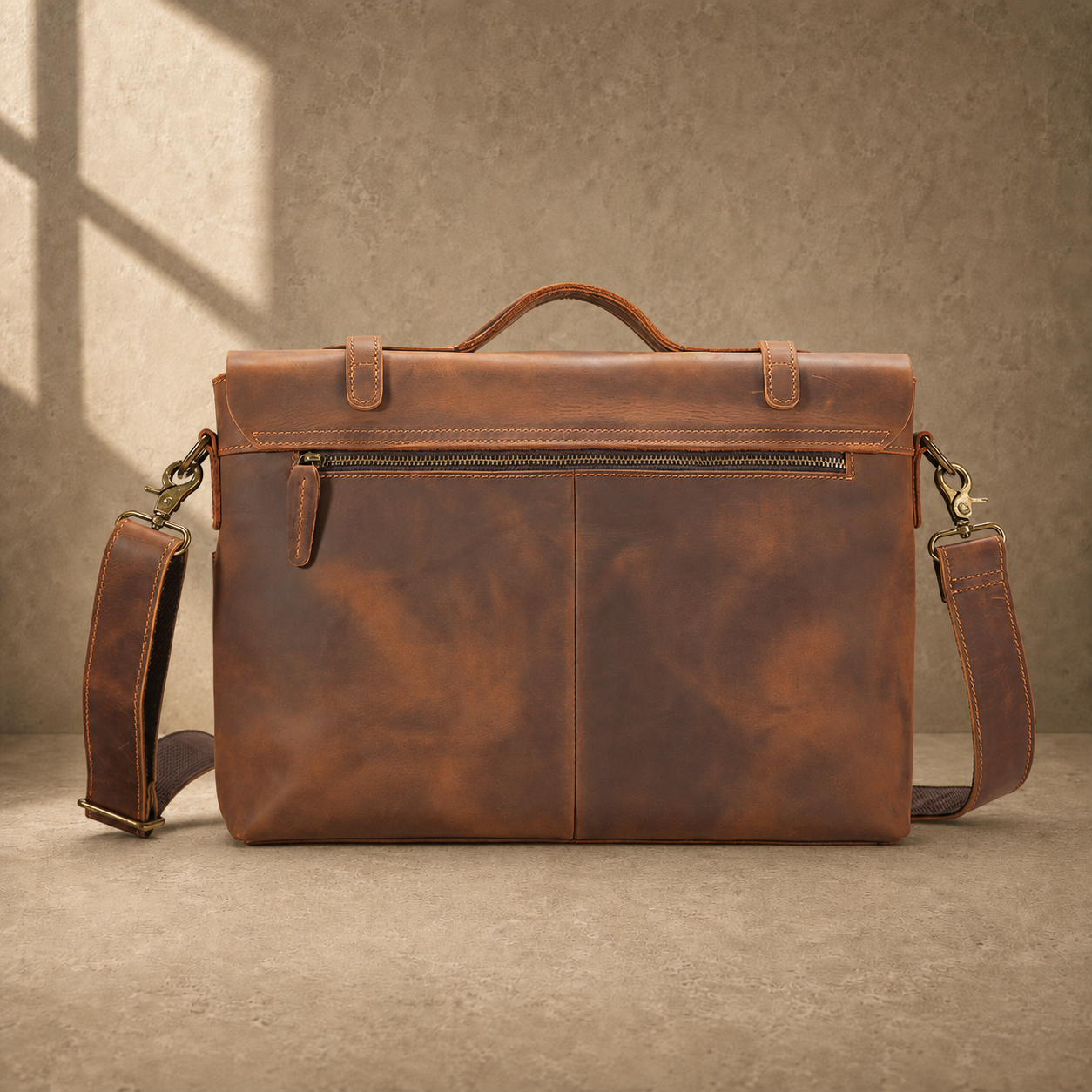 Coffee brown business messenger case rear zipper pocket view