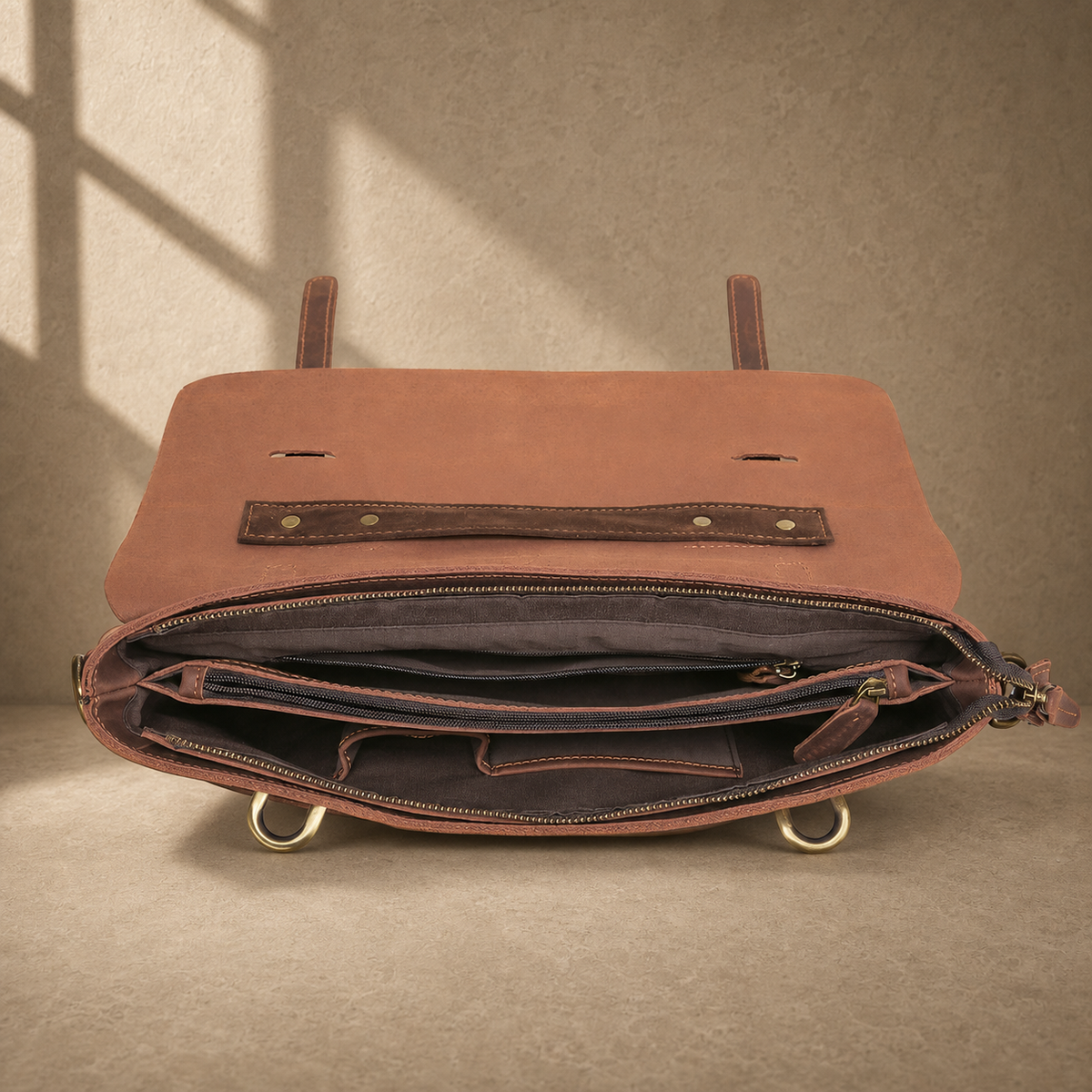 Coffee brown business messenger case open empty interior view