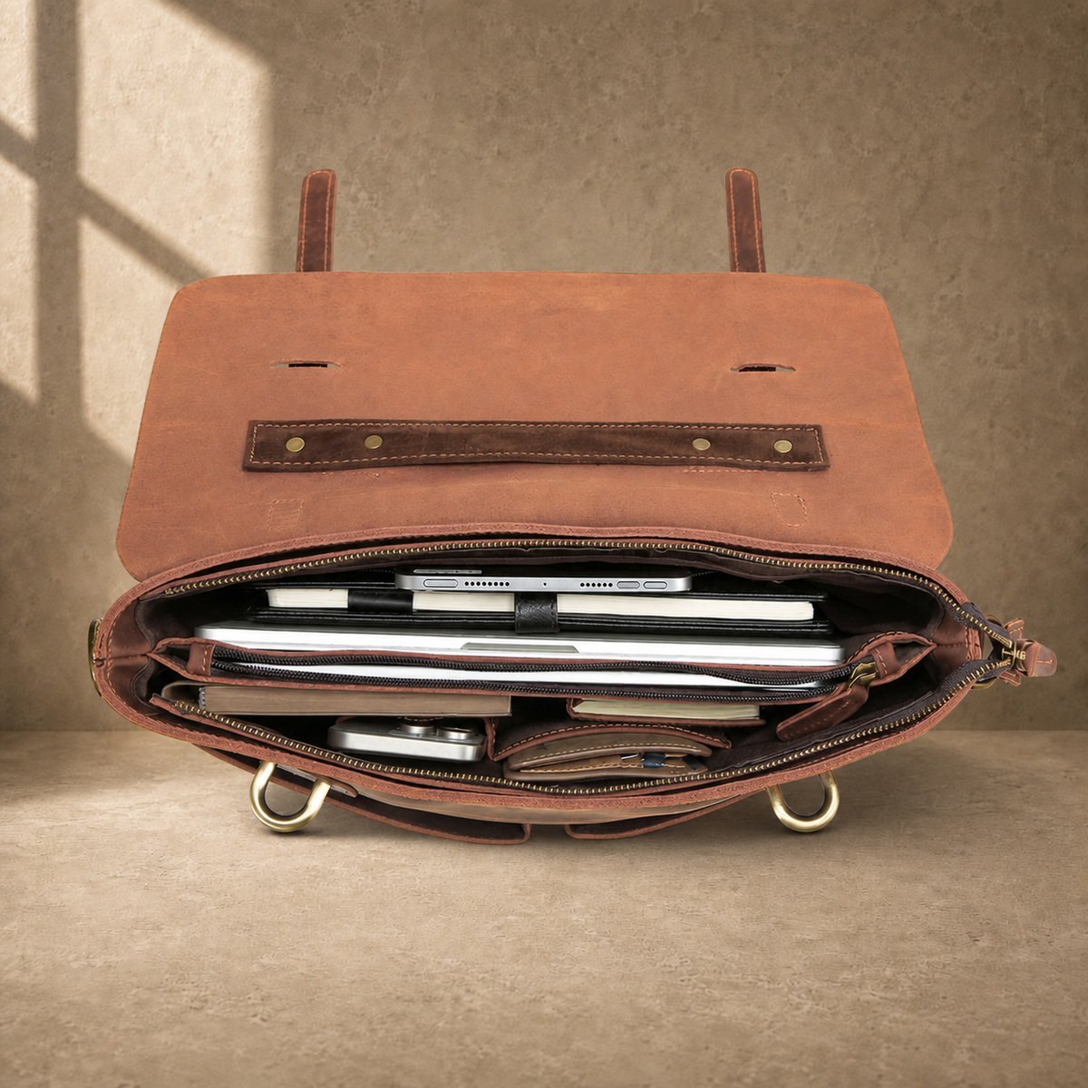 Coffee brown business messenger case packed laptop organization view
