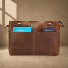 Coffee brown business messenger case front slip pocket detail