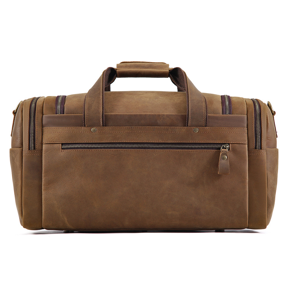 Three-quarter view of the brown multi-pocket business duffle