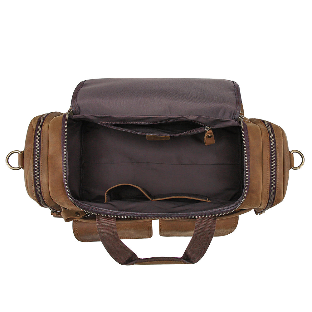 Open main compartment of the brown structured business duffle