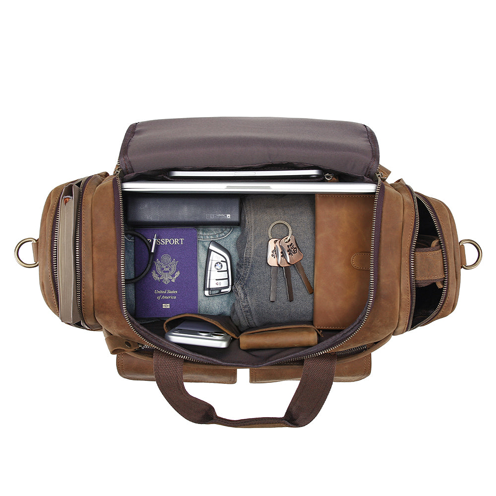 Top view of the brown duffle packed with organized travel essentials