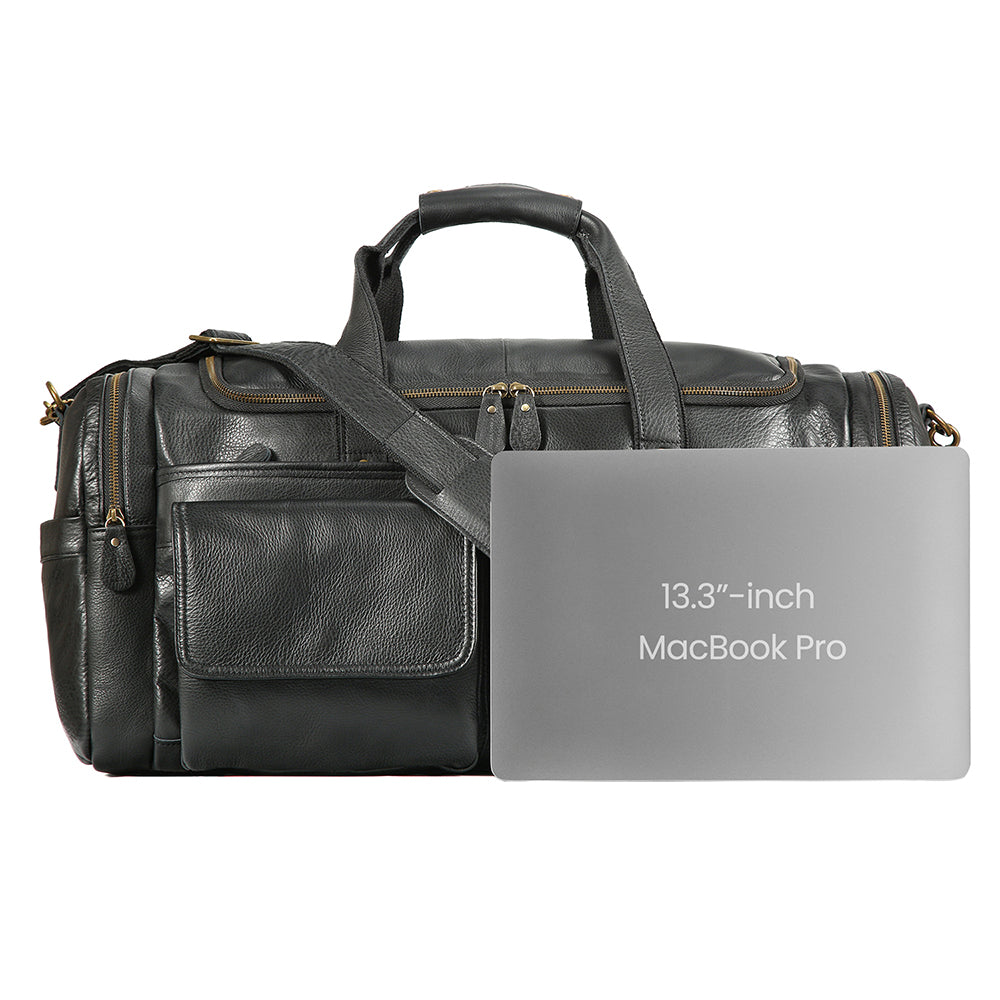 Front view of the Ledger structured business duffle in black waxed leather
