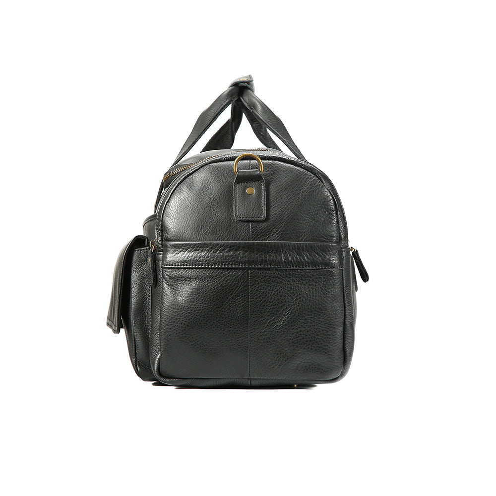 Three-quarter view of the black waxed leather business duffle