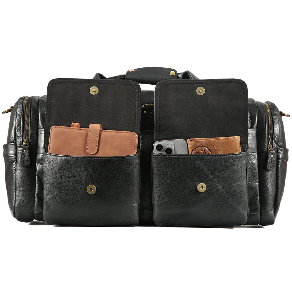 Open main compartment of the black waxed leather duffle