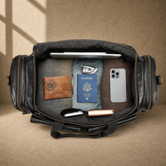 Black waxed leather organizer duffel, packed main compartment