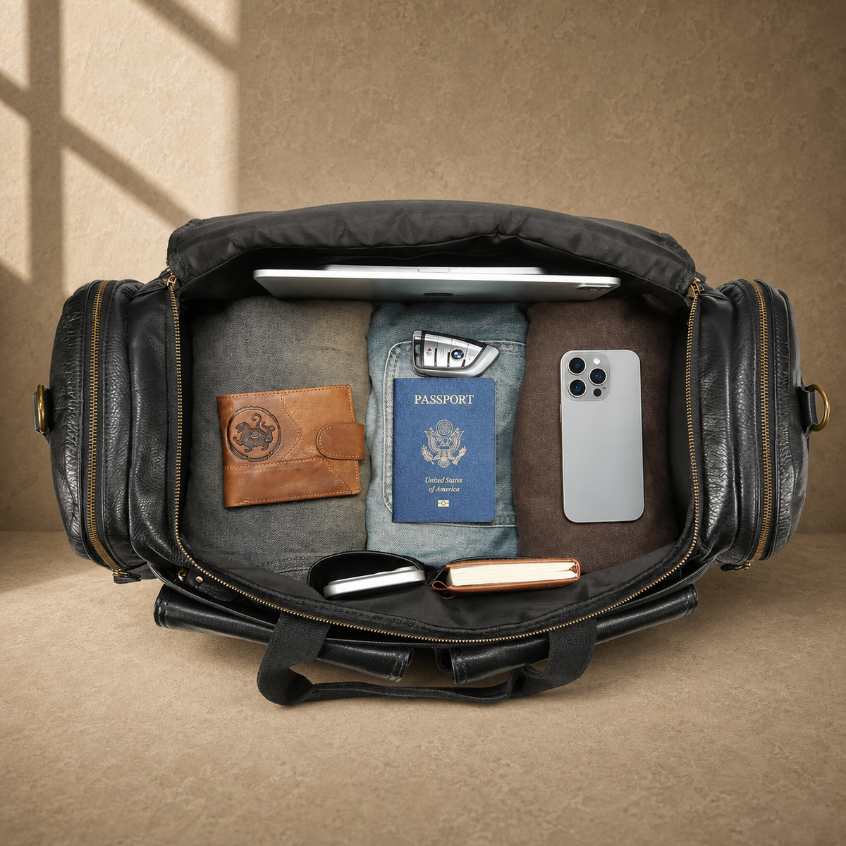 Black waxed leather organizer duffel, packed main compartment