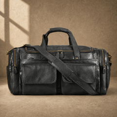 Black waxed leather organizer duffel with shoulder strap