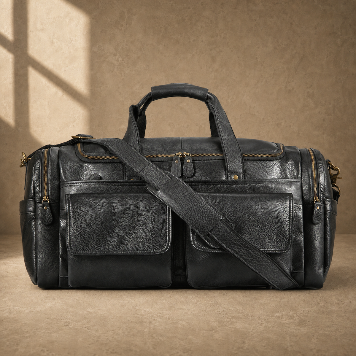 Black waxed leather organizer duffel with shoulder strap