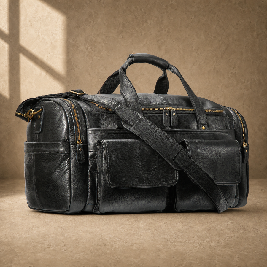 Black waxed leather organizer duffel, three-quarter front view