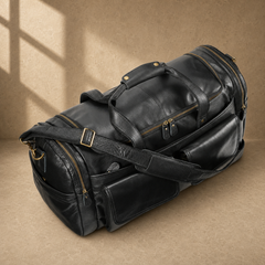 Black waxed leather organizer duffel viewed from above