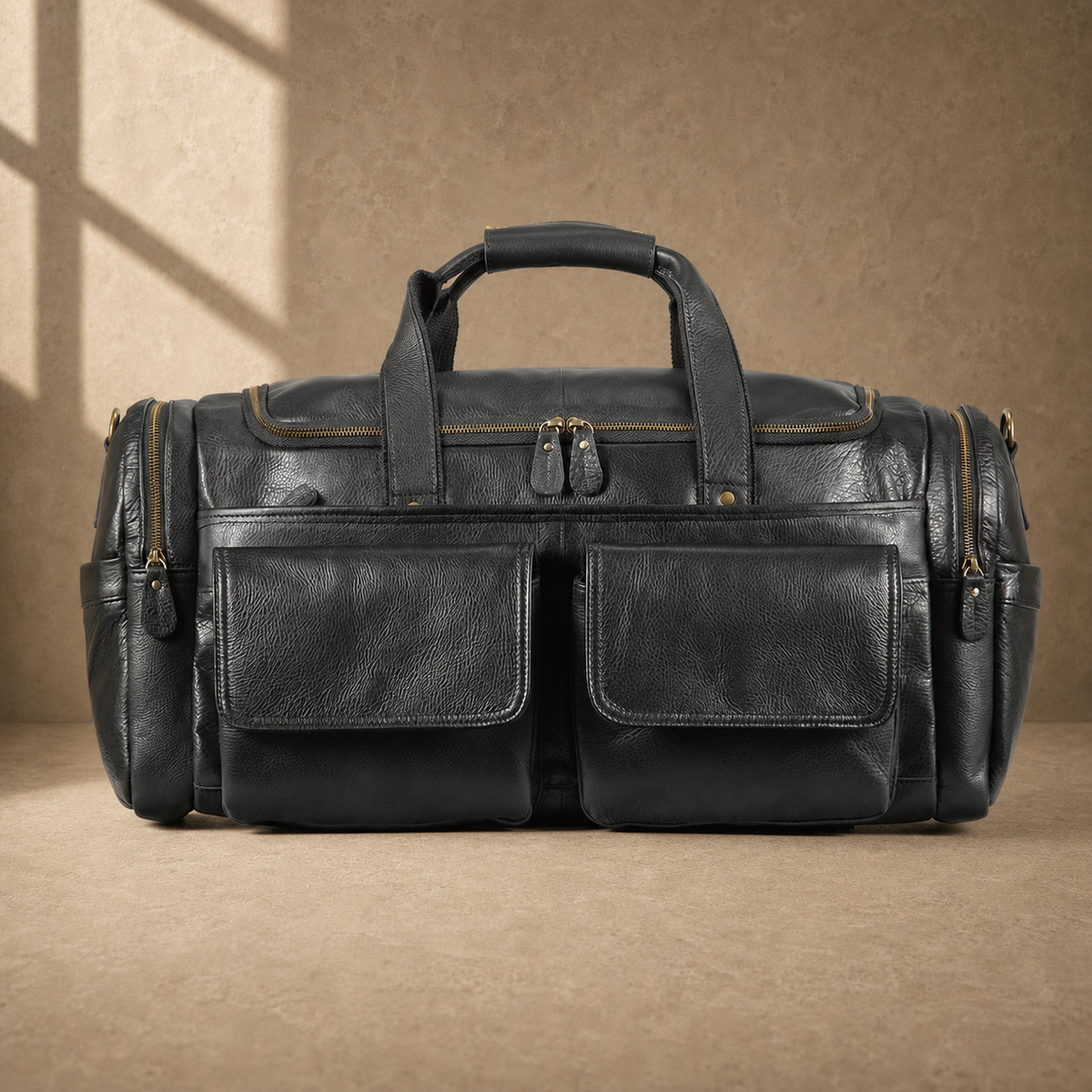 Black waxed leather organizer duffel, straight front view