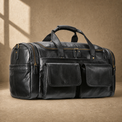 Black waxed leather organizer duffel, alternate angled view