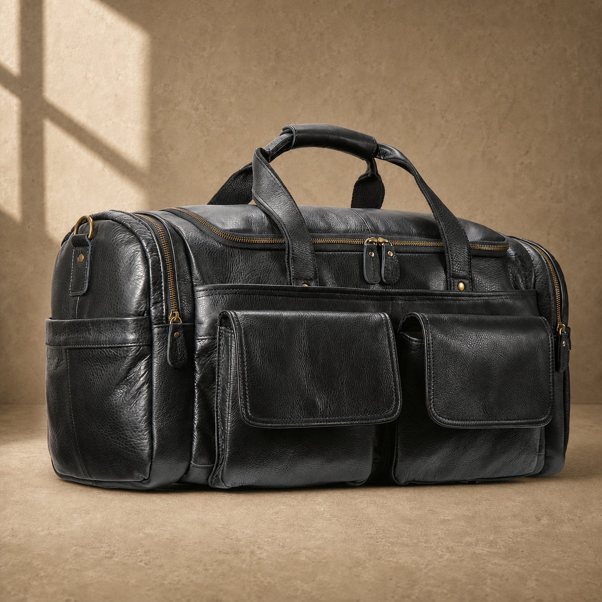 Black waxed leather organizer duffel, alternate angled view