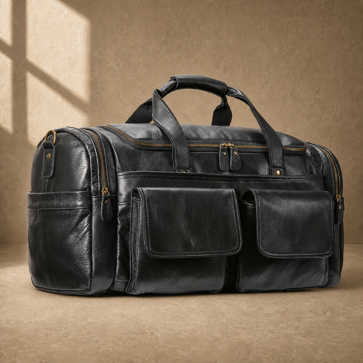 Black waxed leather organizer duffel, alternate angled view