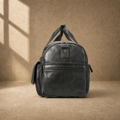 Black waxed leather organizer duffel, side profile