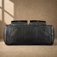 Black waxed leather organizer duffel, reinforced base