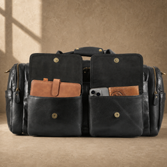 Black waxed leather organizer duffel, open front pockets