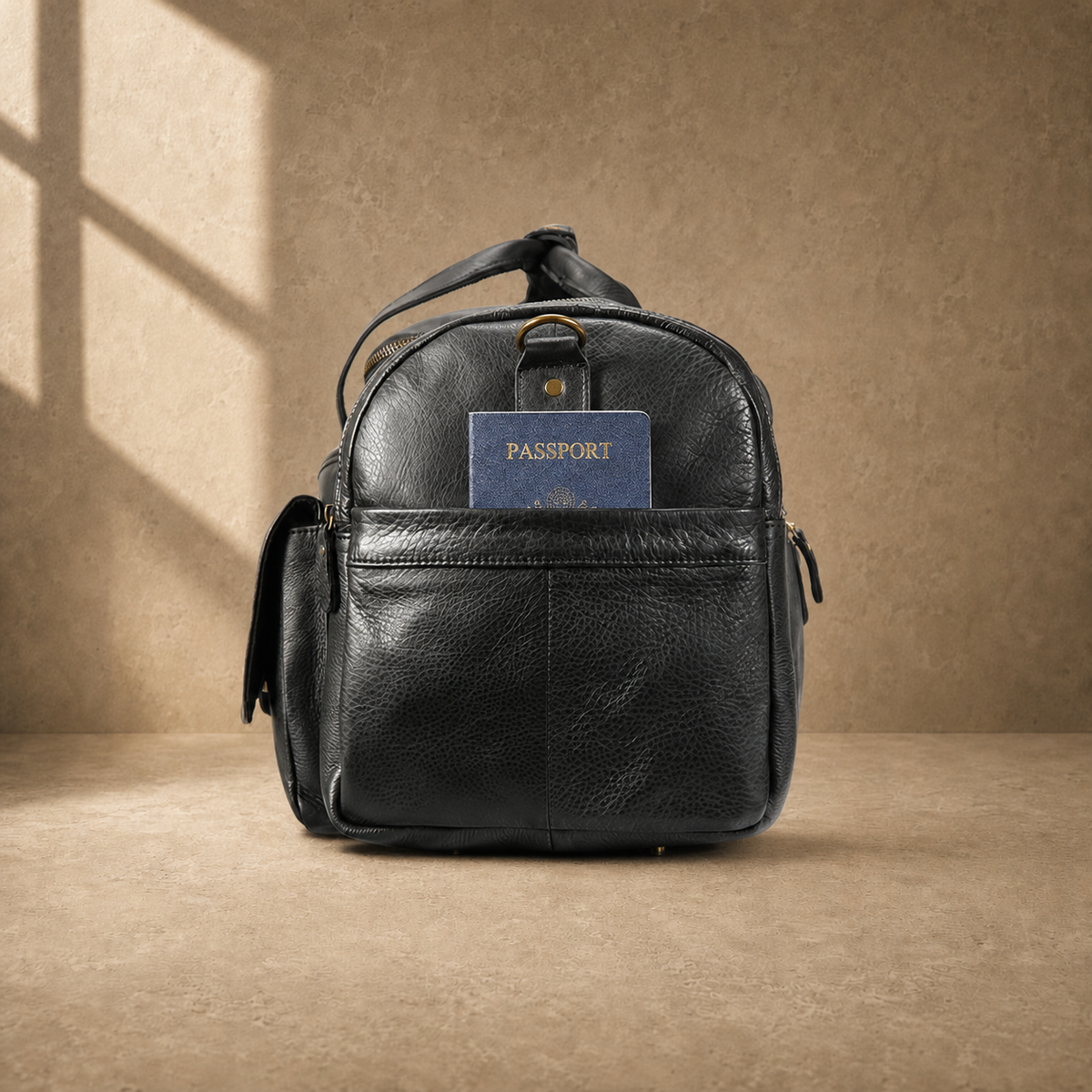 Black waxed leather organizer duffel, side passport pocket