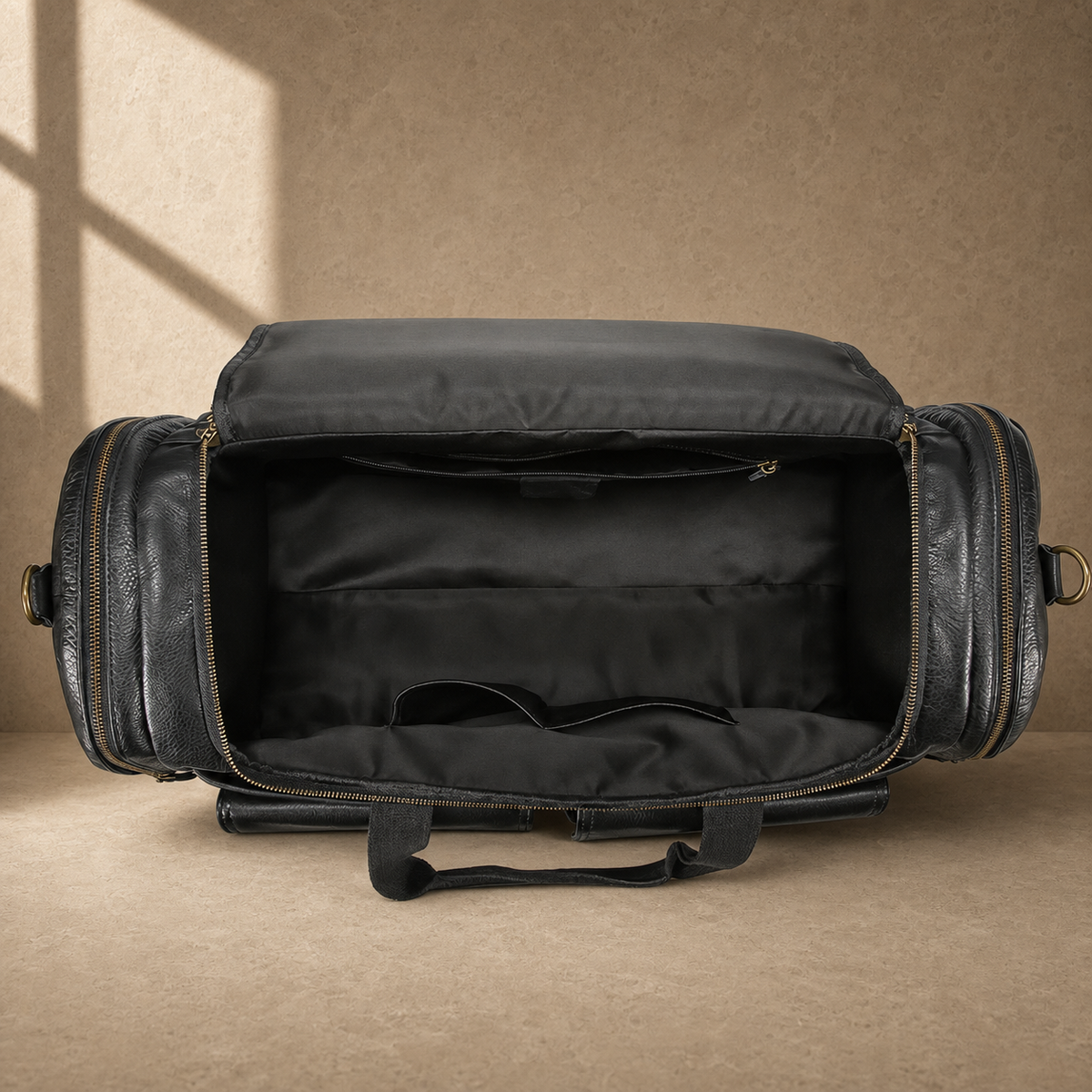 Black waxed leather organizer duffel, empty main compartment