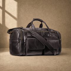 Coffee brown leather utility travel duffel, three-quarter front view