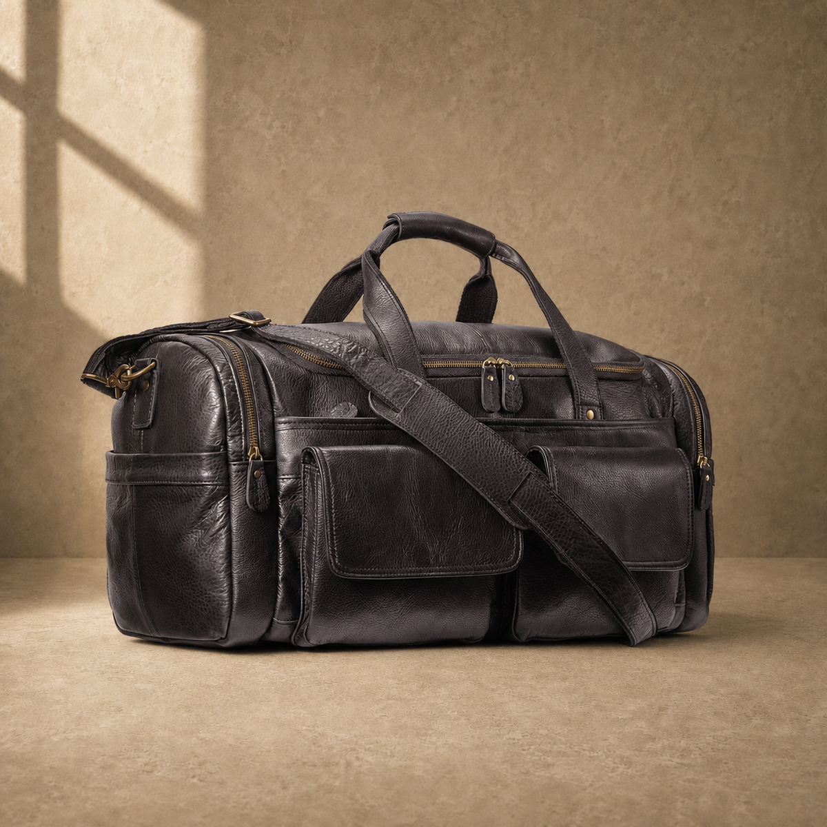 Coffee brown leather utility travel duffel, three-quarter front view