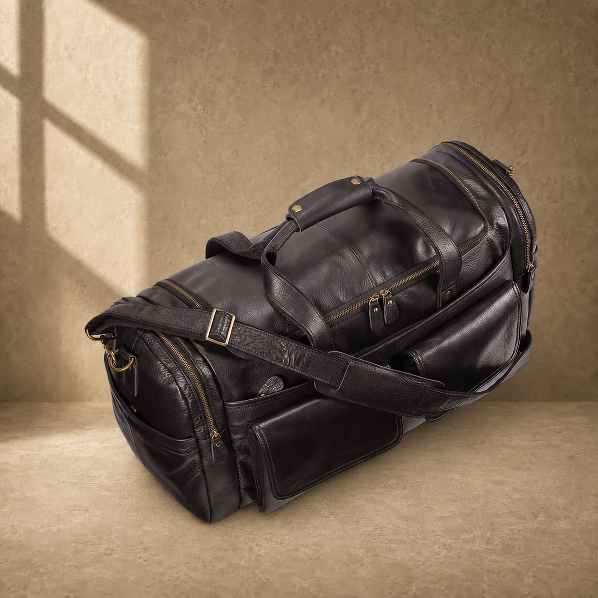 Coffee brown leather utility travel duffel, elevated top angle