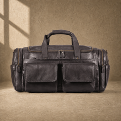 Coffee brown leather utility travel duffel with twin front flap pockets