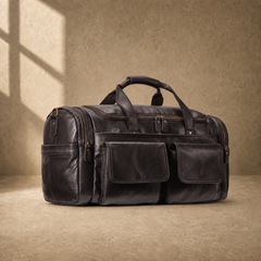 Coffee brown leather utility travel duffel without shoulder strap, angled view