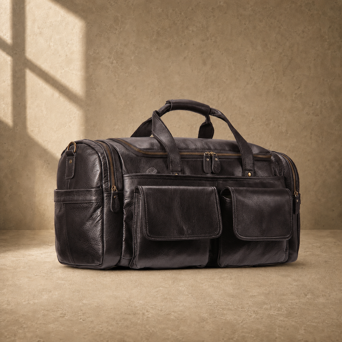 Coffee brown leather utility travel duffel without shoulder strap, angled view