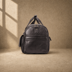 Coffee brown leather utility travel duffel, end profile