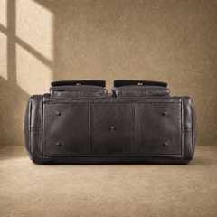 Coffee brown leather utility travel duffel, reinforced base view