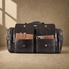 Coffee brown leather utility travel duffel with front pockets open