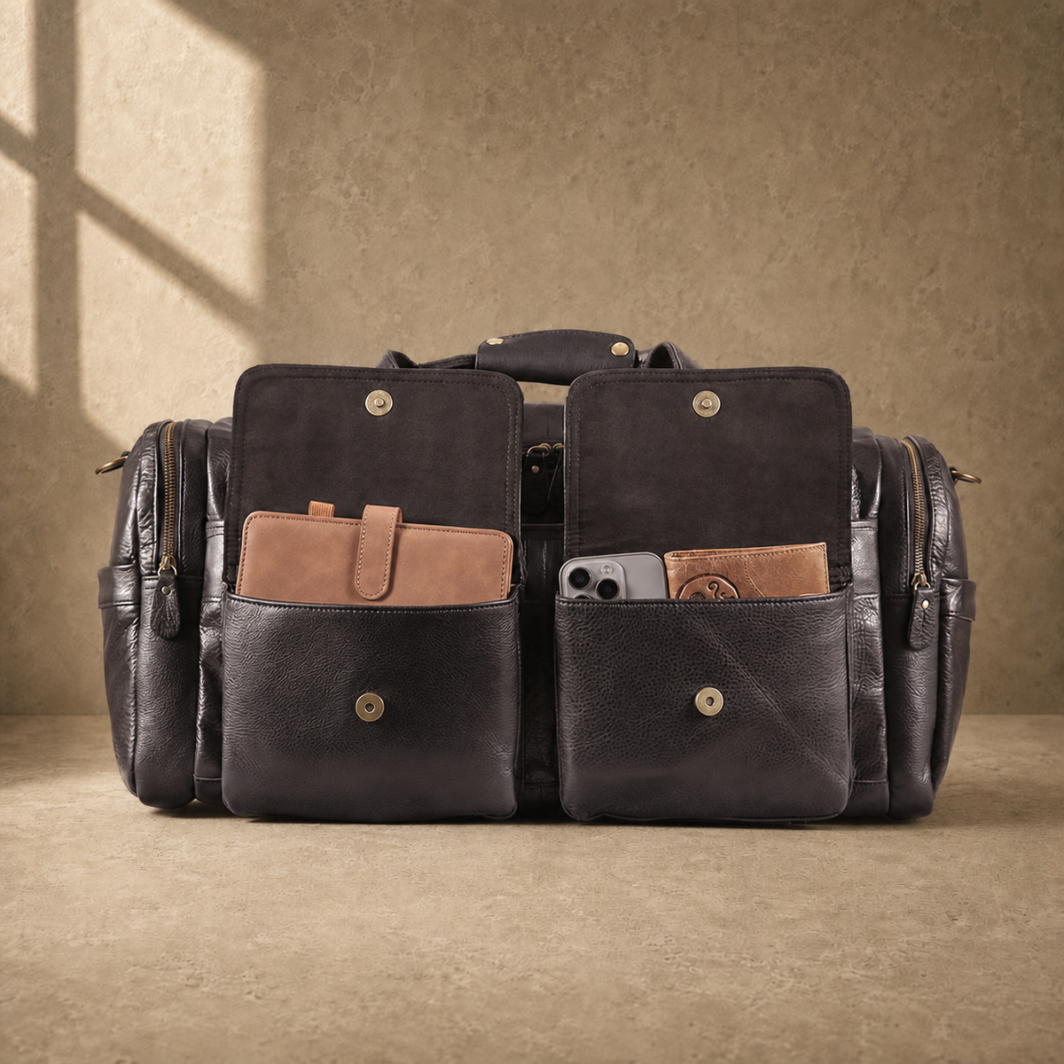 Coffee brown leather utility travel duffel with front pockets open