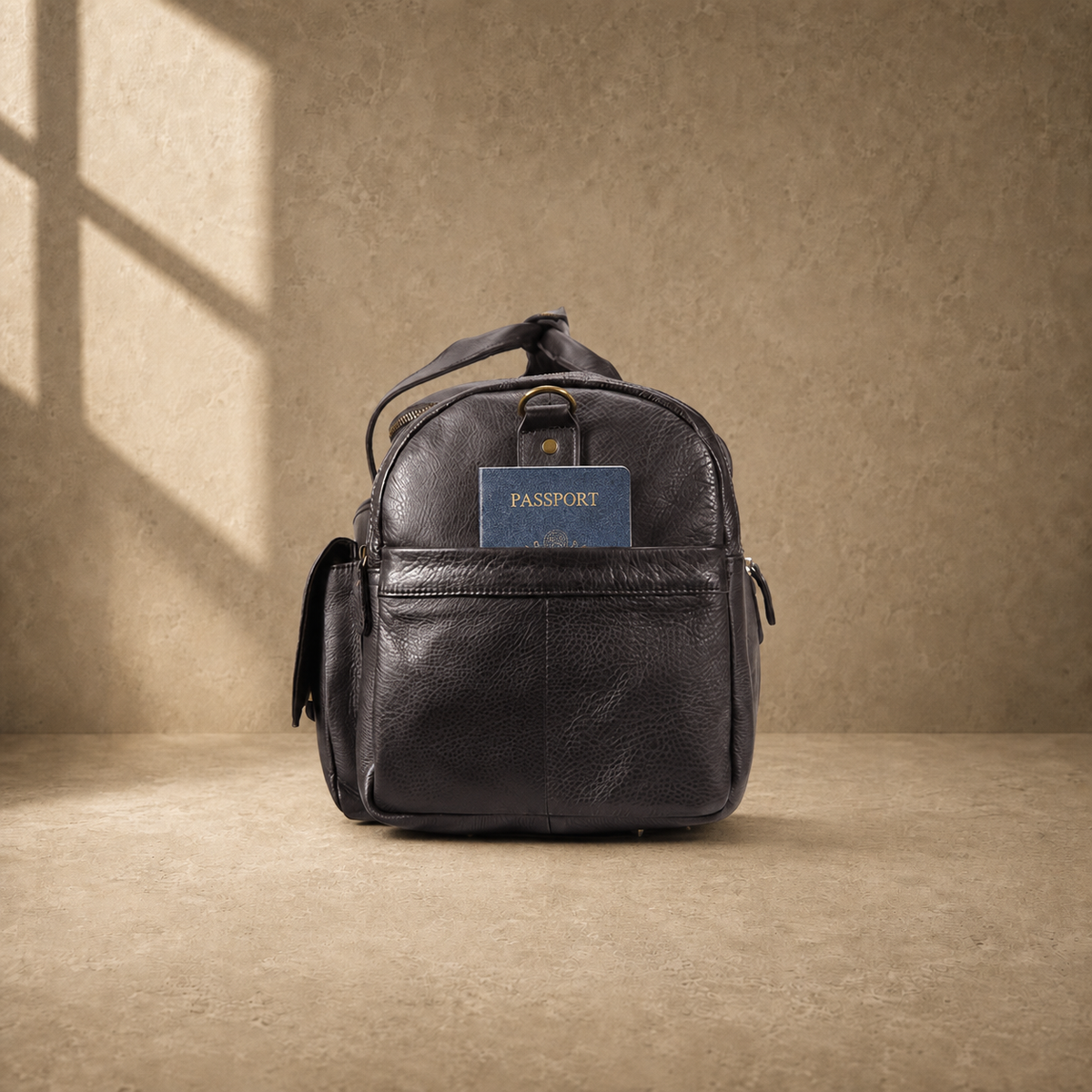 Coffee brown leather utility travel duffel showing passport side pocket