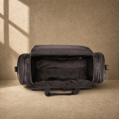 Coffee brown leather utility travel duffel with empty main compartment